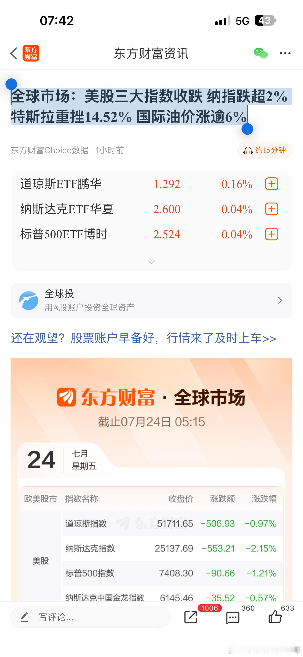 美股全球市场：美股三大指数收跌 纳指跌超2% 特斯拉重挫14.52% 国际油价涨