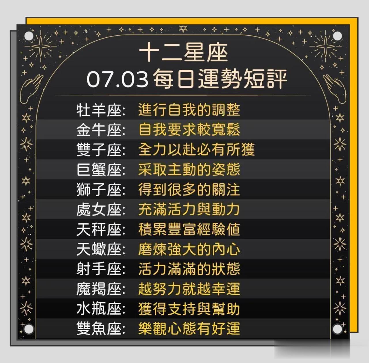 十二星座运势每日小短评
07/03运势到咯🈵️💯🥰🔥
㊗️巨蟹们生日月快