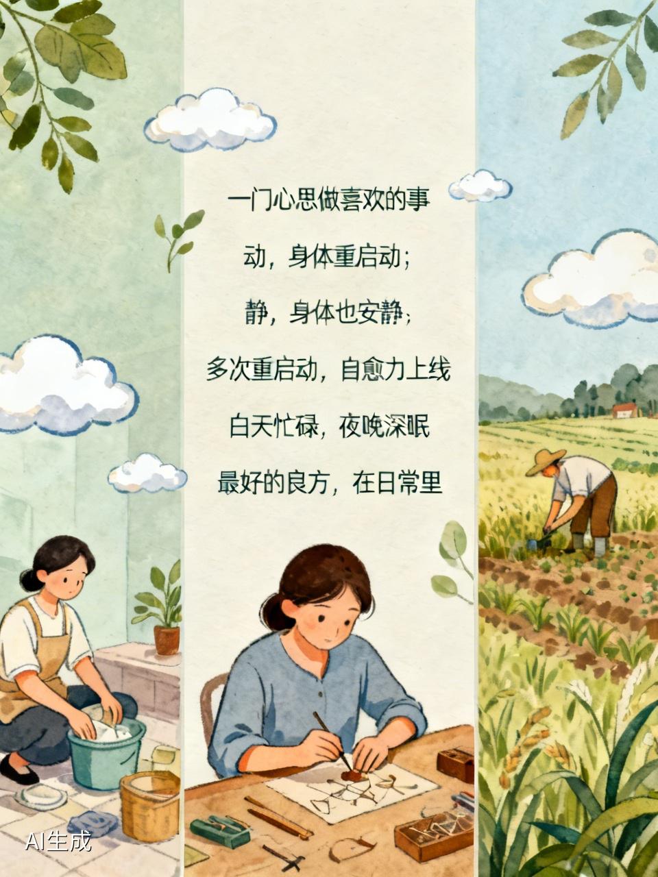 我常常这样想
下面这些行为都有利于康复。
一门心思做喜欢的事，你做家务、你在田间