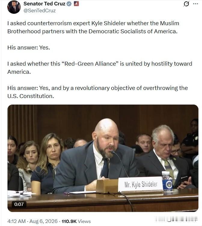 参议员Ted Cruz：
我向反恐专家Kyle Shideler询问，穆斯林兄弟