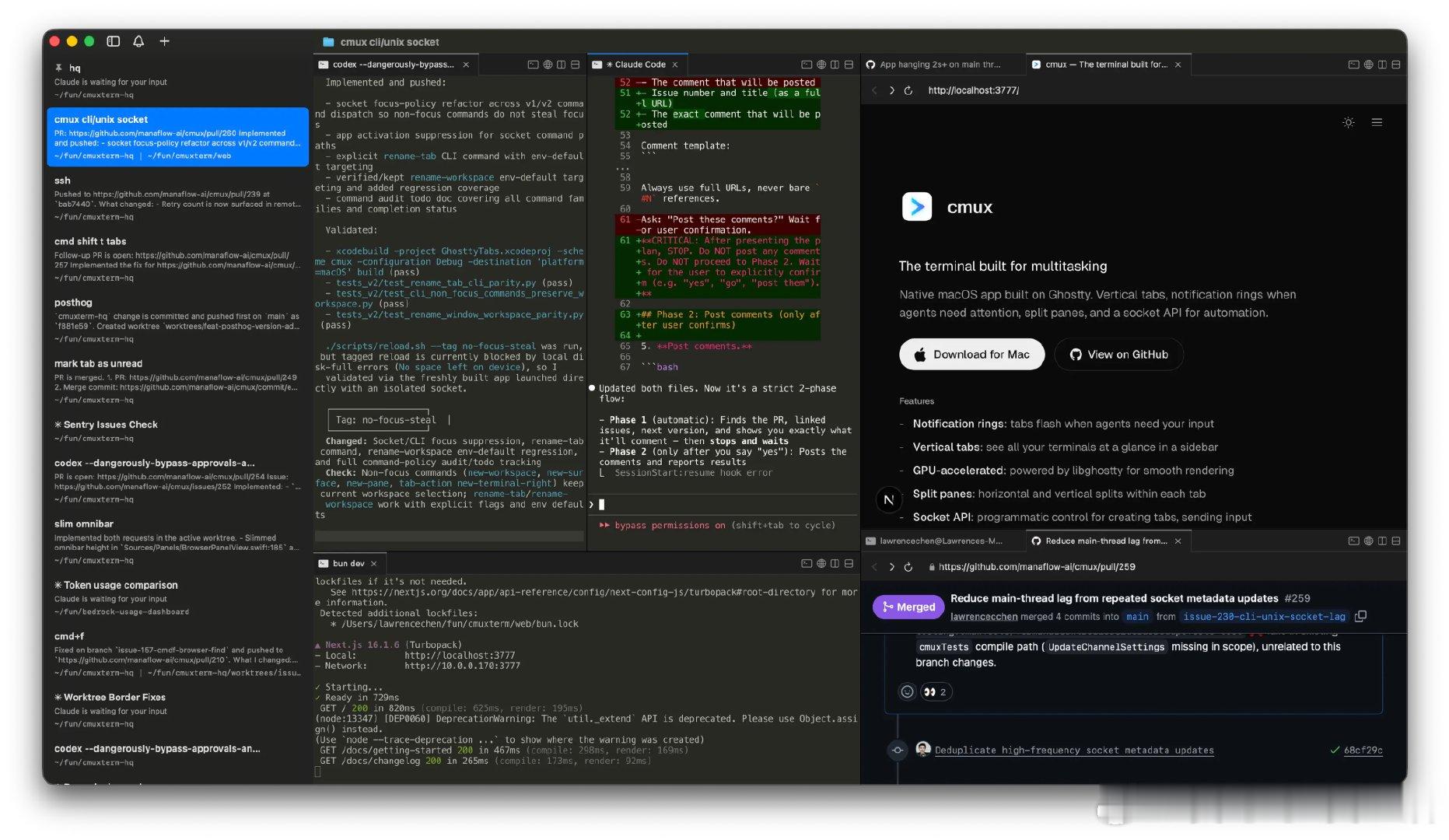 cmux 是一款基于 Ghostty 的原生 macOS 终端应用，专为 AI 