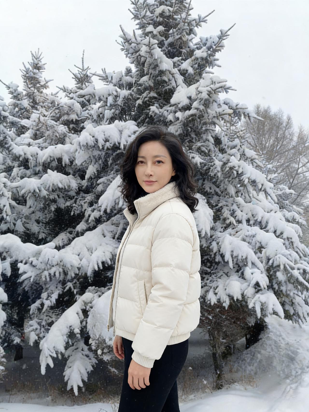 雪把松树的绿压成安静的弧度
你转过身，米白外套的衣领
接住了三两片不肯融化的白