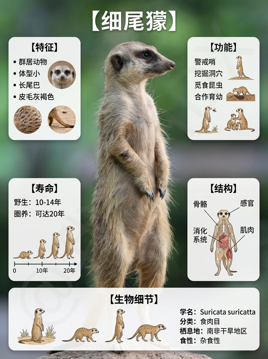 我AI的动物 😎宝子们，今天来认识超有趣的细尾獴！它们就像一群活泼的小哨兵👀