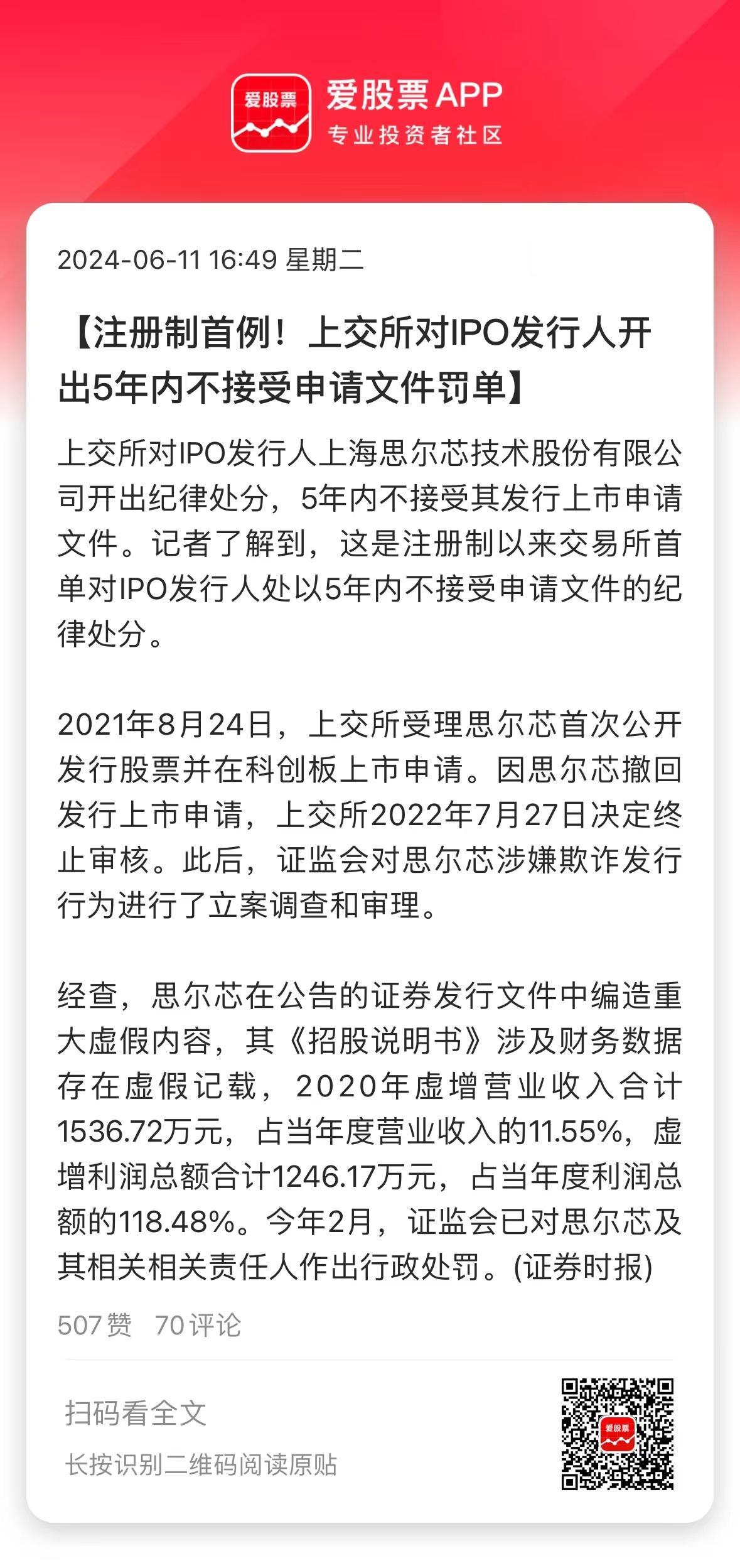 上交所出手了，对拟IPO公司上海思尔芯开出纪律处分。这家公司提交上市后，被证监会