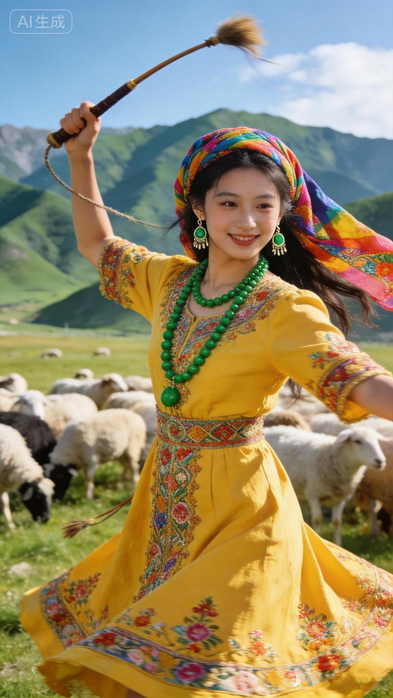 一位美女在草原上跳舞，好开心！