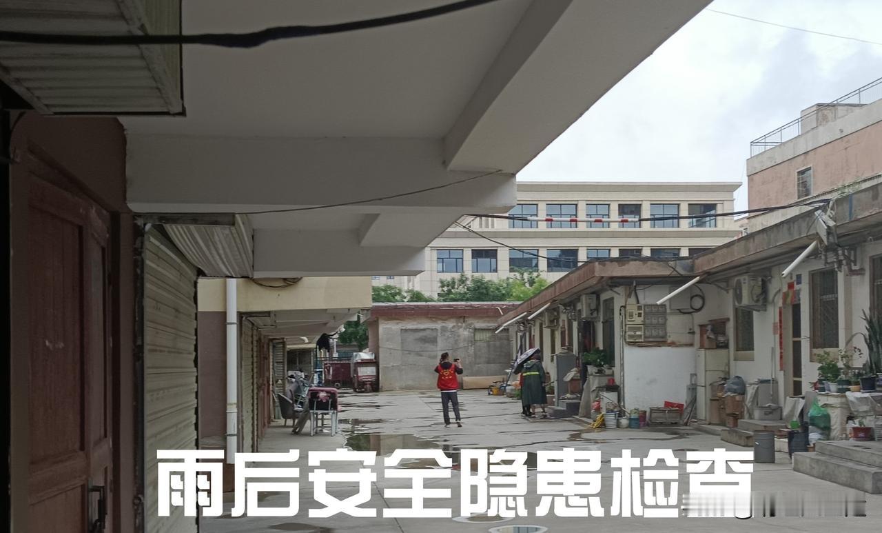 雨后的地面还汪着水，亮晶晶的。我们社区志愿者穿着红马甲，踩着水窝挨个小区转——查