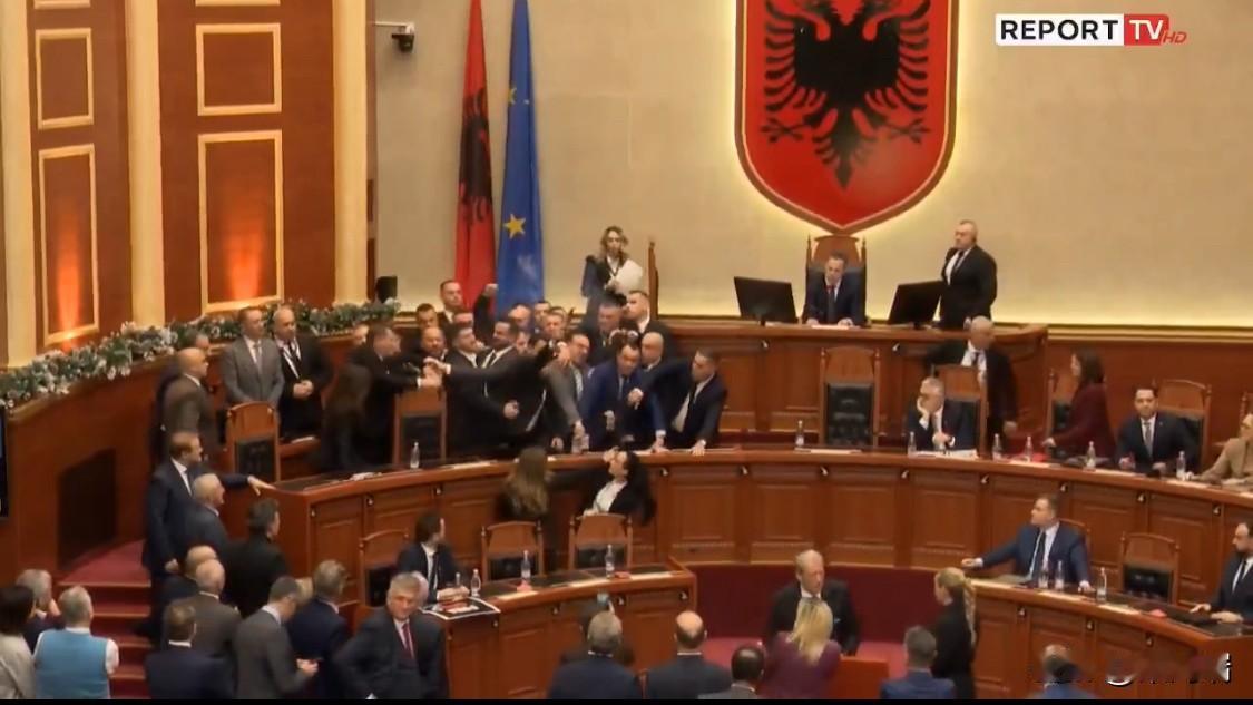 阿尔巴尼亚议会在2025年12月18日的一次会议上爆发了肢体冲突和混乱，反对党议