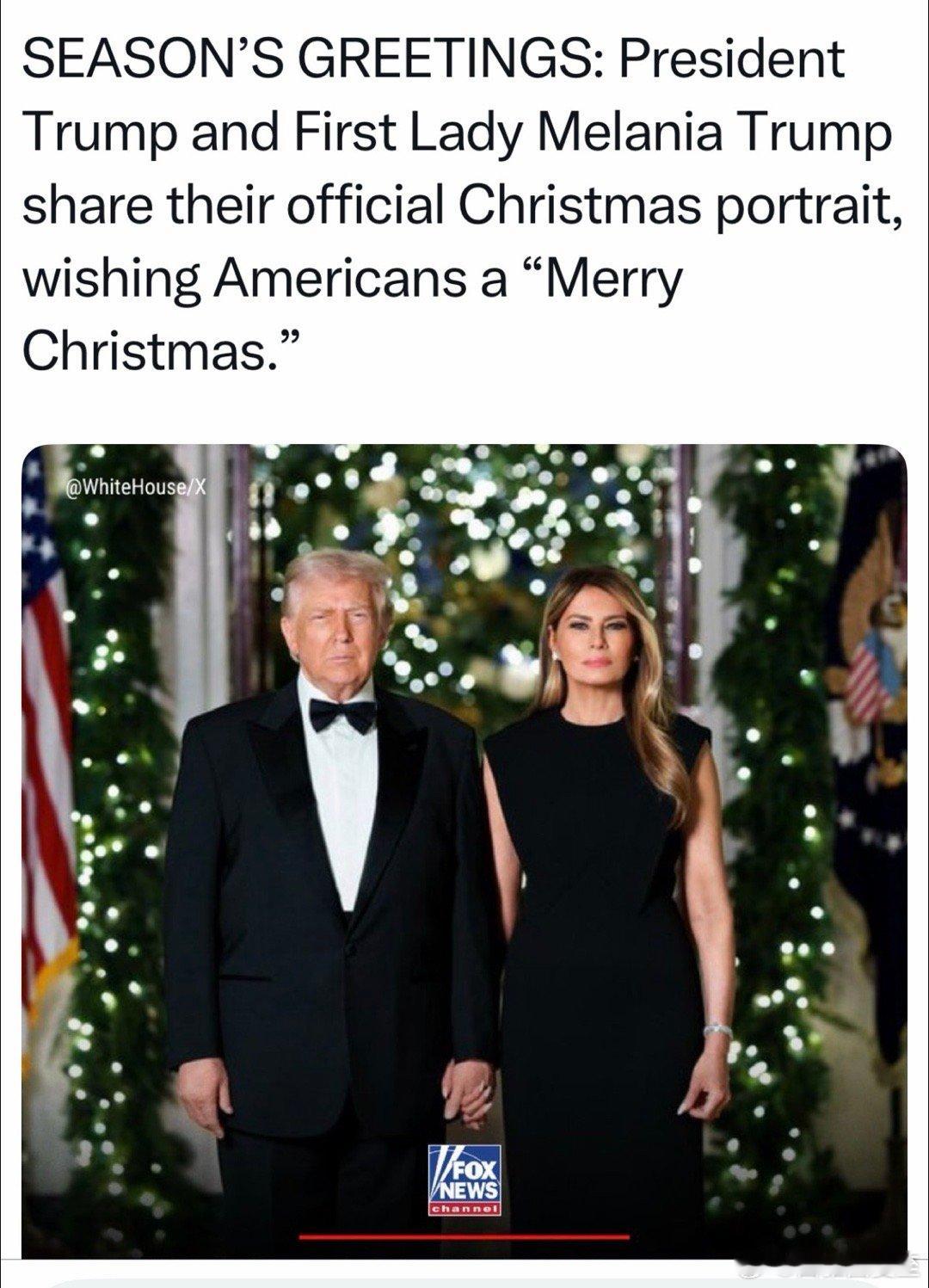 白宫发布：总统和第一夫人官方肖像照并祝美国人民圣诞快乐🎄 