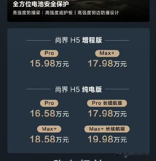 尚界H5焕新发布。

全系15.98万元-19.98万元。
增程Max+ 17.