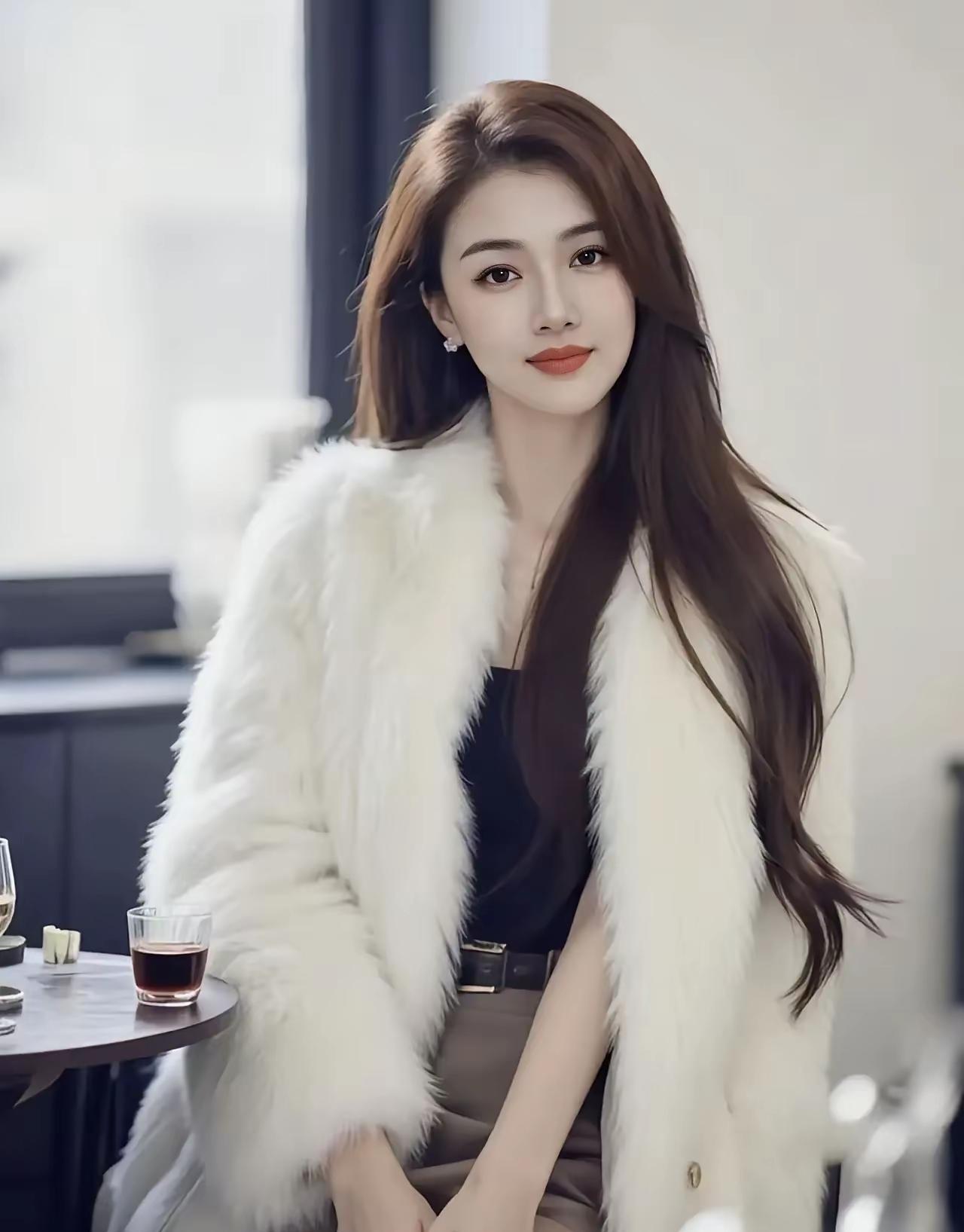 冬日暖阳下的优雅时光，白色毛绒外套搭配深色连衣裙，尽显温柔与时尚。