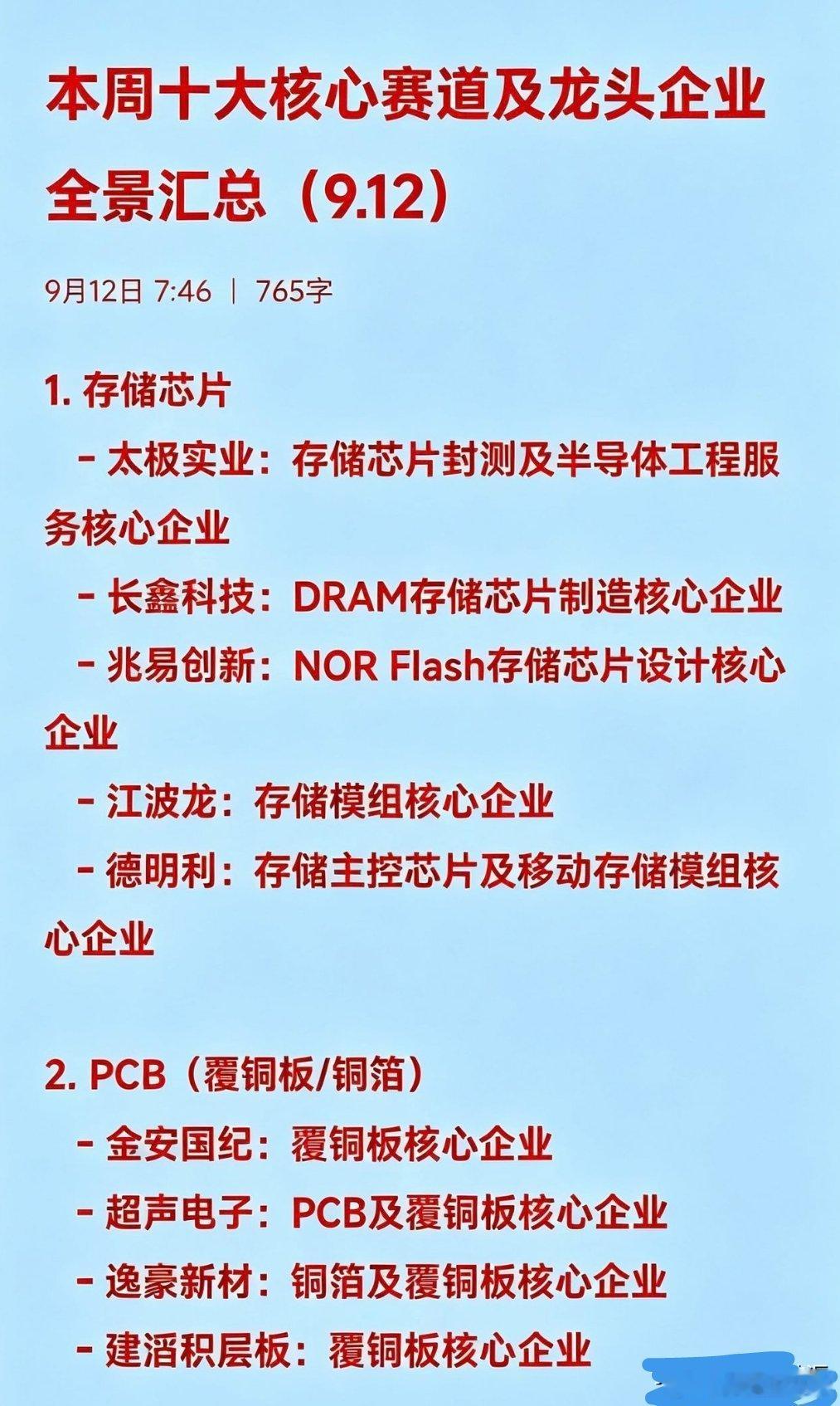 上证指数本周十大核心赛道及核心企业全景汇总（9.12）1. 存储芯片   - 太