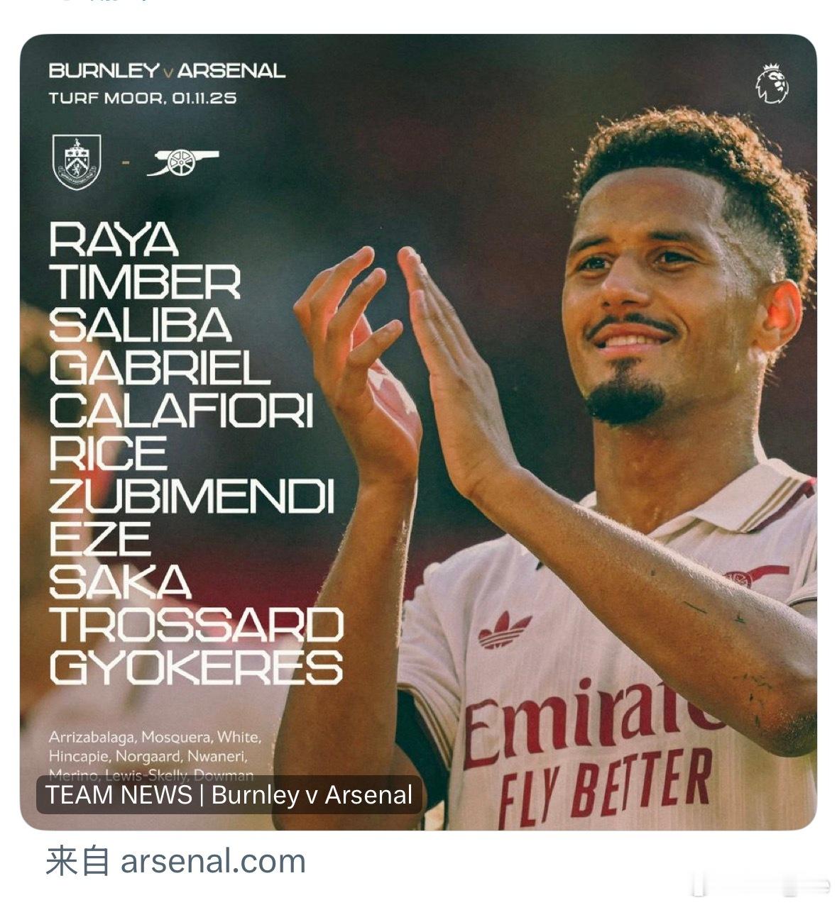 伯恩利vs阿森纳，萨利巴身体无碍，首发和上轮一致。马丁内利伤缺，道曼替补。 ​​