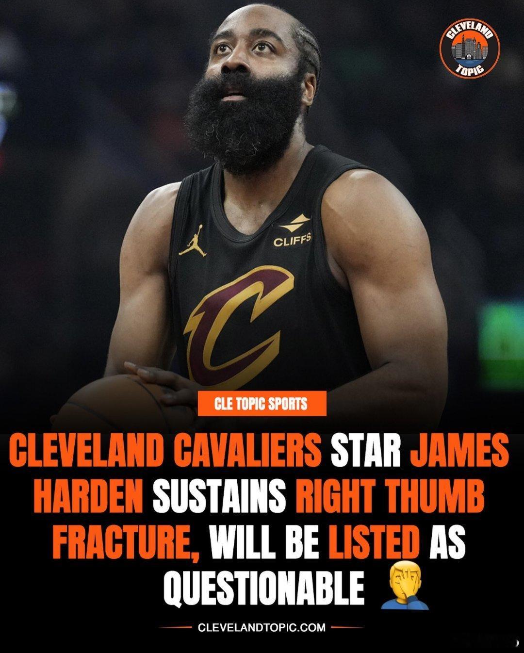 骑士队球星詹姆斯·哈登在周三战胜纽约尼克斯队的比赛中右手拇指骨折。现正在接受进一