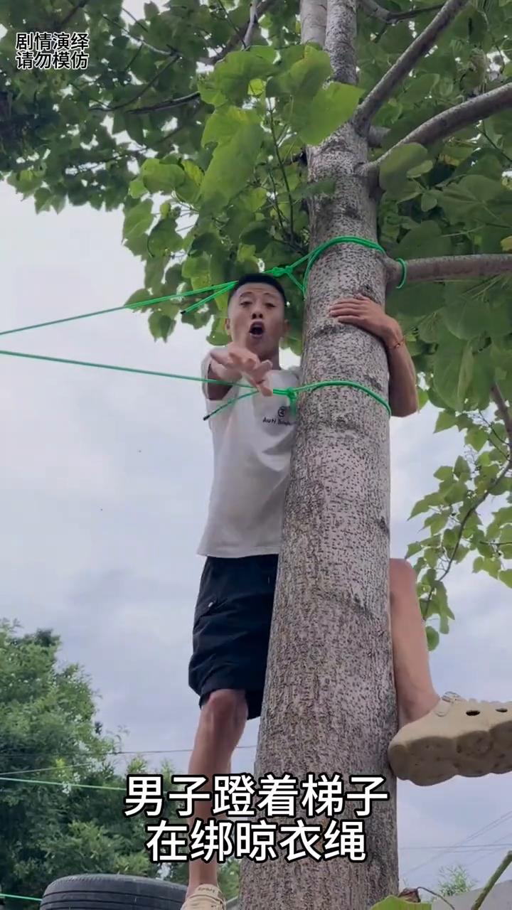 狗狗看到梯子向女子砸过来，下一秒它的举动太感人了。
男子蹬着梯子在绑晾衣绳，这时