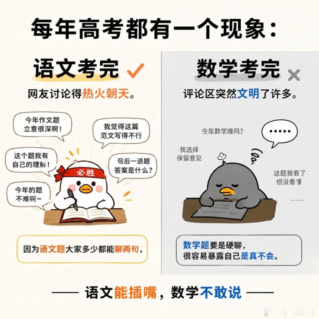 高考第一天最有意思的地方在于：语文结束后， 人人都有自己的见解。数学结束后， 人