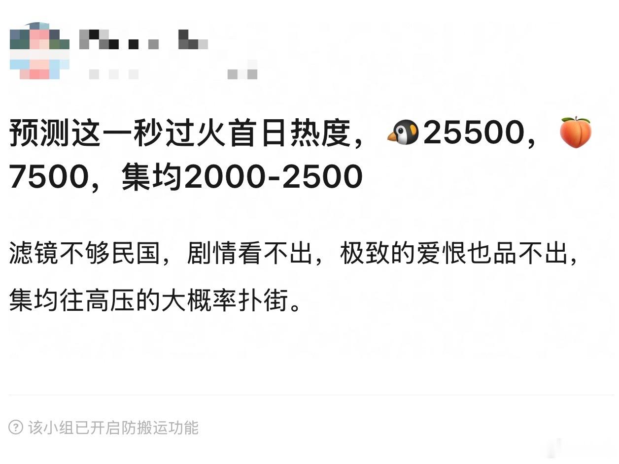网友预测首日这一秒过火热度🐧25500🥝7500集均2000-2500，按照