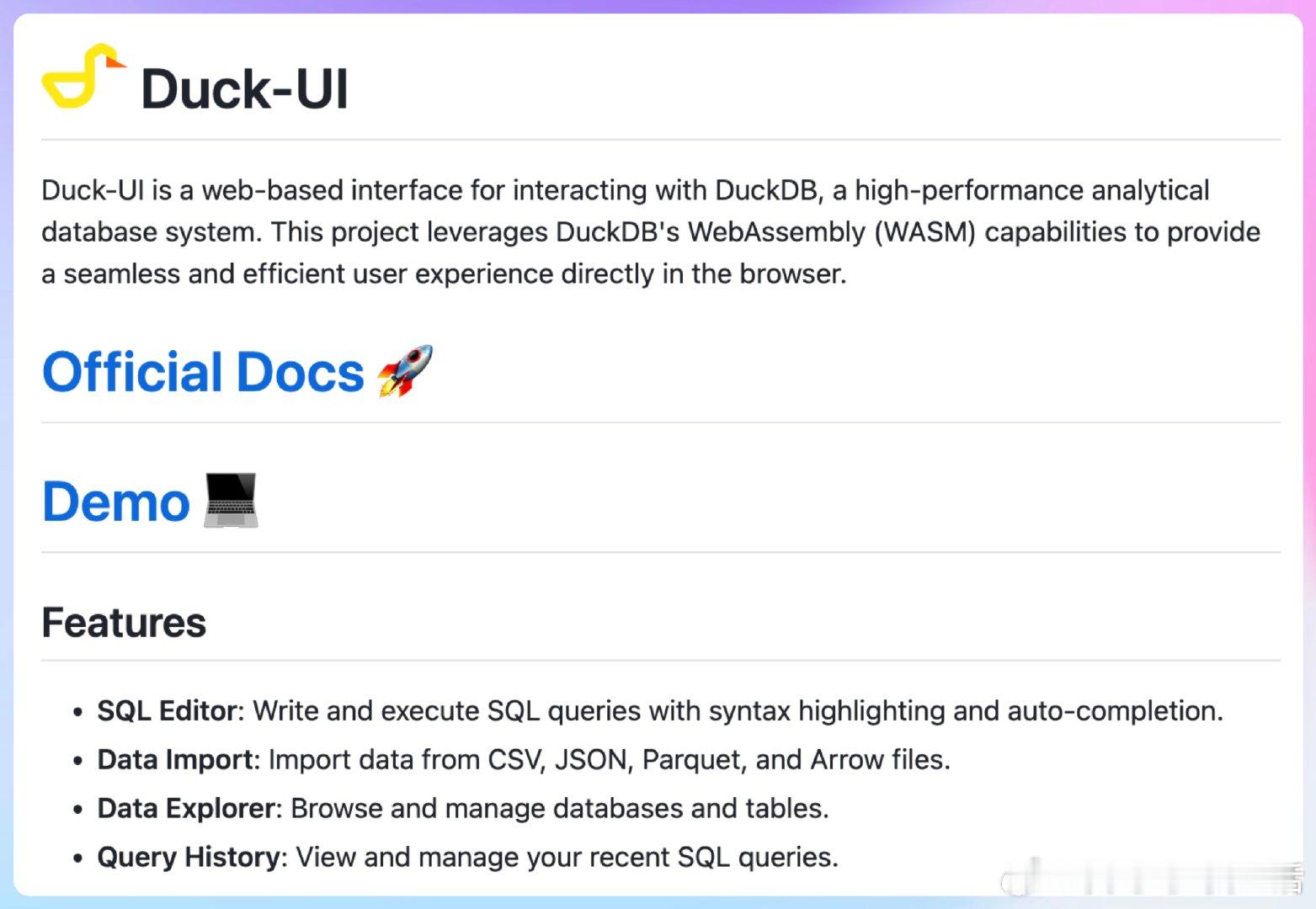 【[73星]Duck-UI：一个高性能的DuckDB Web交互界面，让你在浏览