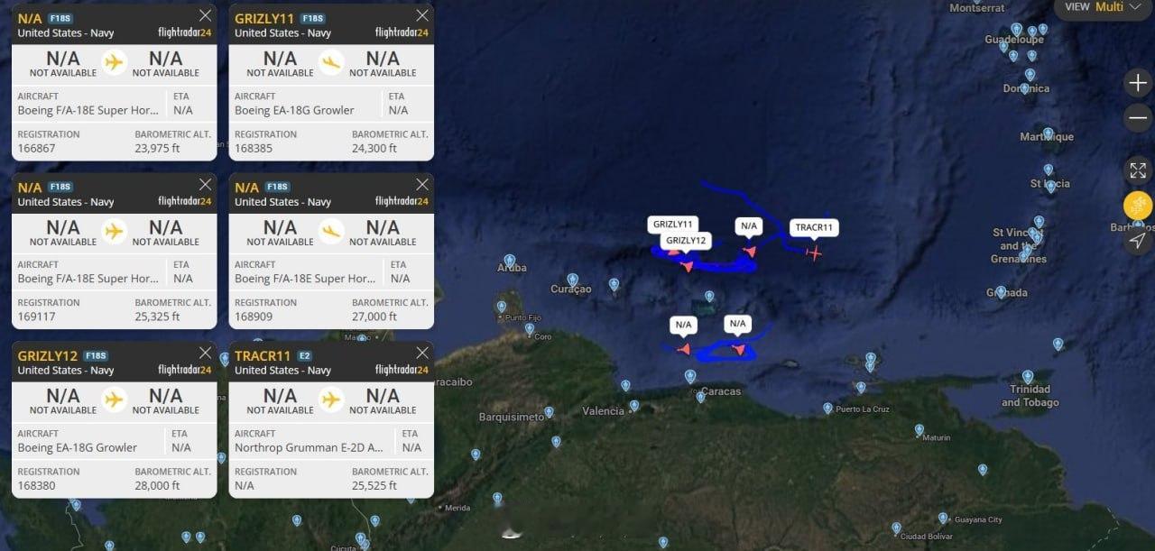 就是不敢进去美国大量空军力量在委内瑞拉海岸附近活跃部署，其中包括三架美国海军 F