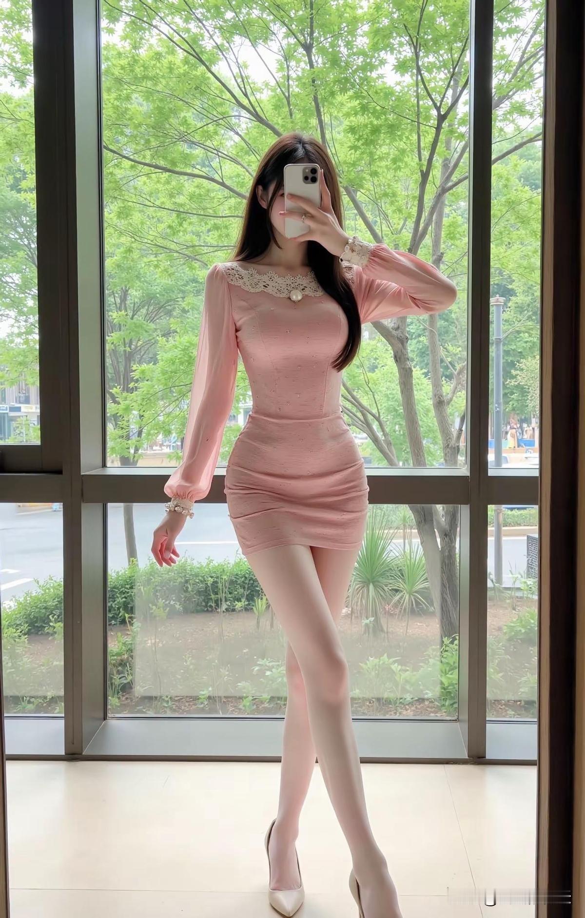 粉衣美人倚窗立，绿树轻摇映影中。