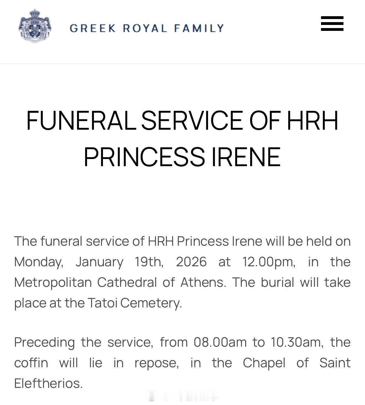 希腊王室已宣布希腊丹麦的艾琳公主的葬礼定于当地时间2026年1月19日中午12.