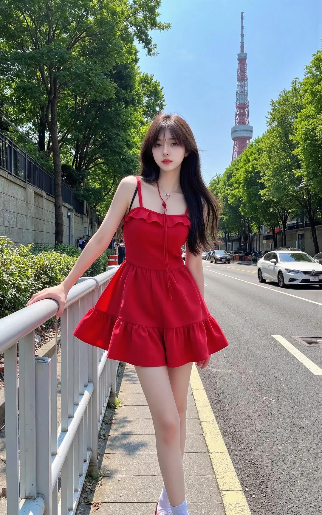 在热闹的街头，一个穿着红色连衣裙的女孩格外亮眼。那红裙像是燃烧的火焰，在人群中肆