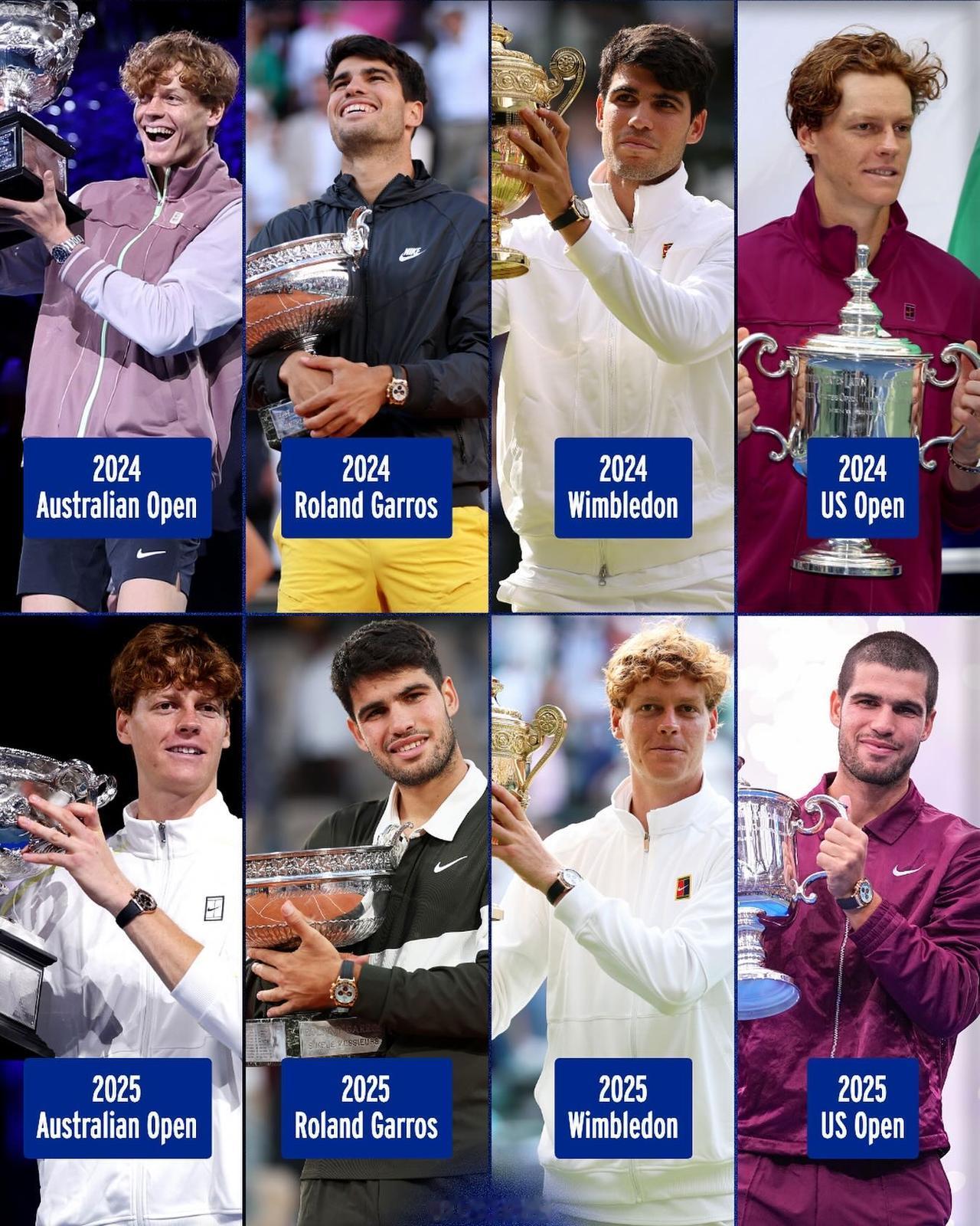 00后的阿尔卡拉斯 和辛纳
承包了这两年的所有大满贯
像极了当年的费德勒 和纳达