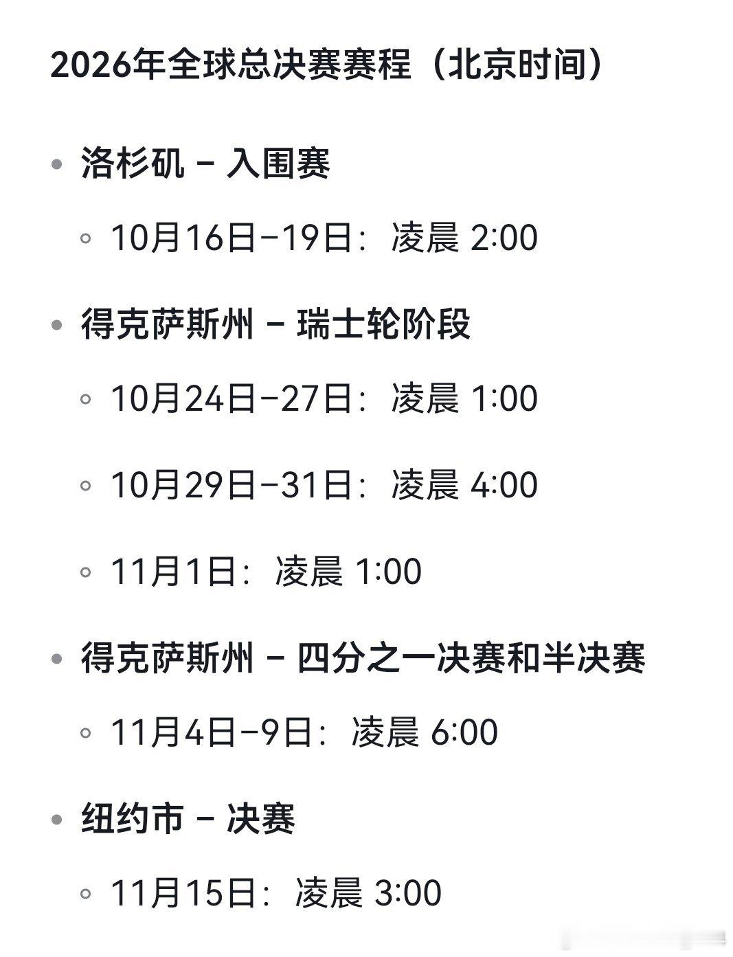 2026年全球总决赛赛程（北京时间）· 洛杉矶 - 入围赛  · 约10月16日