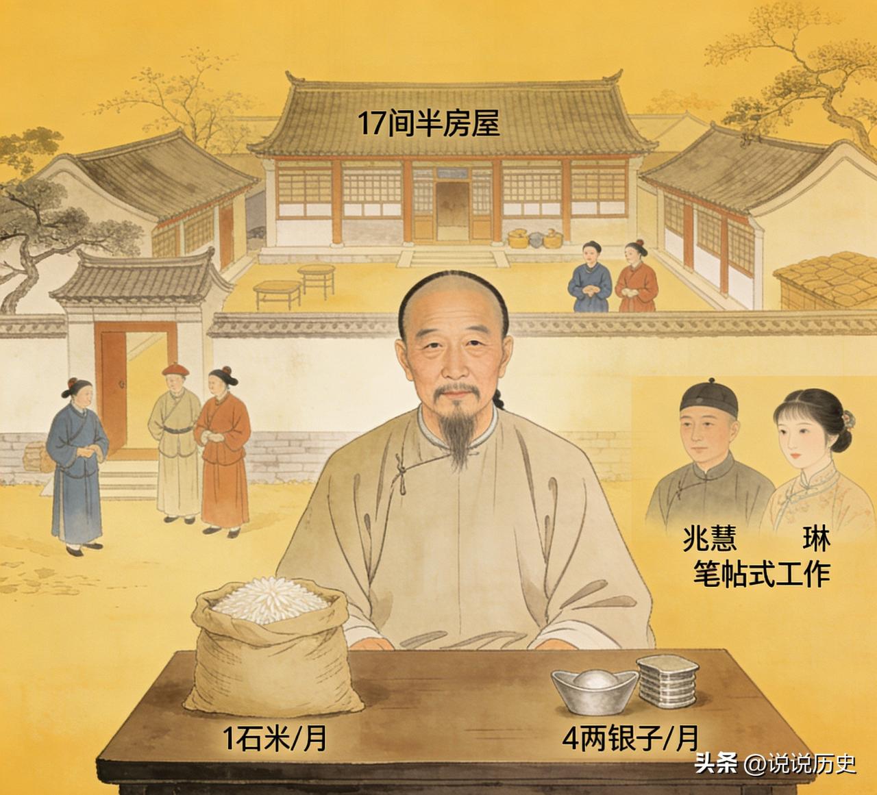 曹雪芹在家道中落后，每个月仍然能领1石米和4两银子，而且在京师崇文门外有17间半