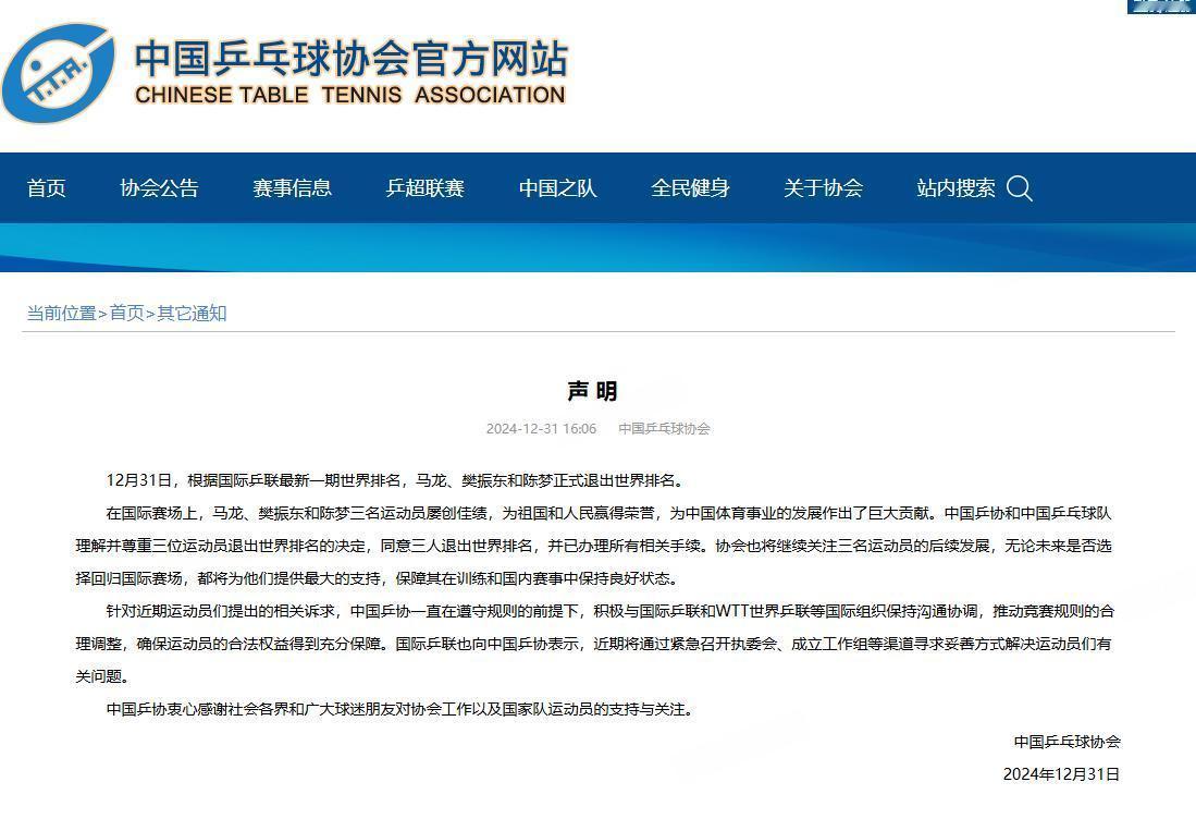乒协回应马龙樊振东陈梦退出世排   中国乒乓球协会的回应：“中国乒协和中国乒乓球