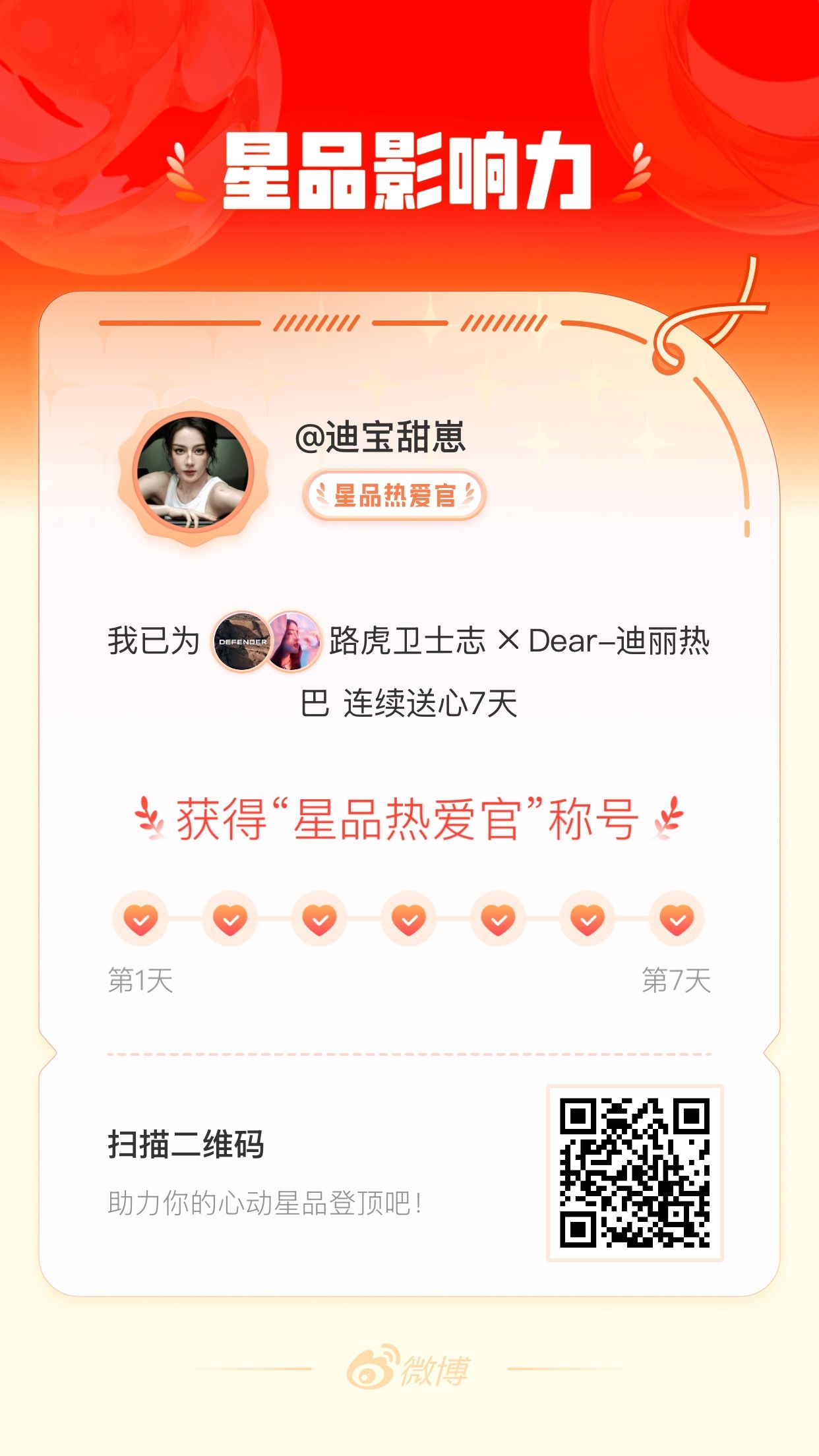 我在星品影响力上为 X 连续送心7天，获得“星品热爱官”称号！快来一起pick你