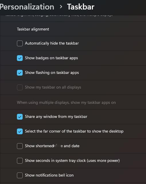 Windows 11 24H2 将提供更多任务栏个性化选项，比如：设置是否显示通