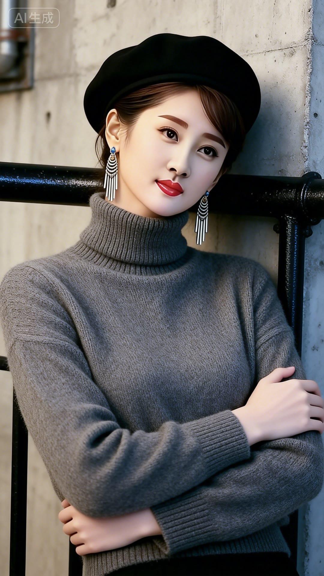 复古风穿搭指南：黑色贝雷帽+灰色高领毛衣，优雅又时髦！