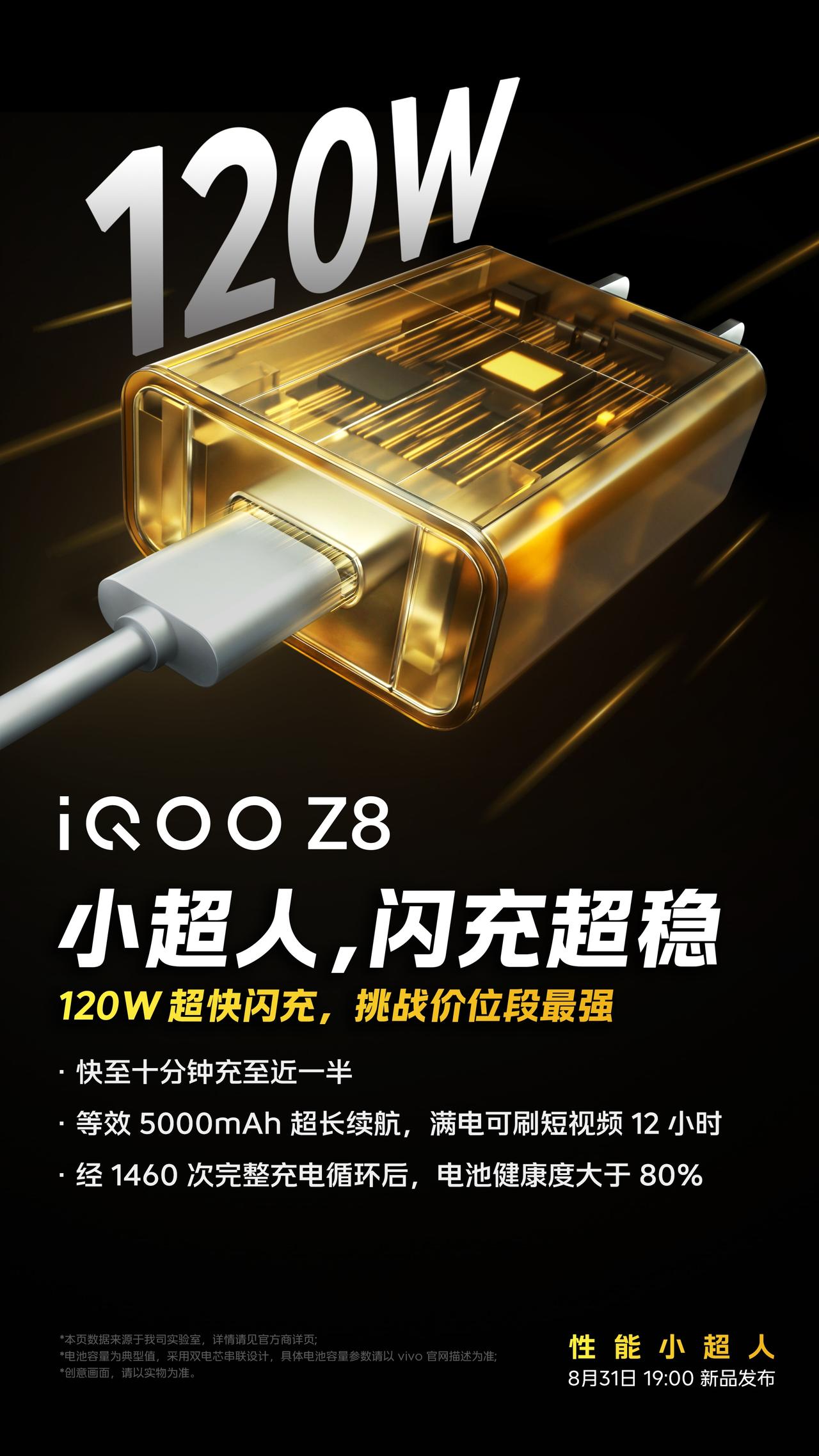 【iQOO Z8搭载120W闪充+5000mAh电池】8月31日，iQOO Z8