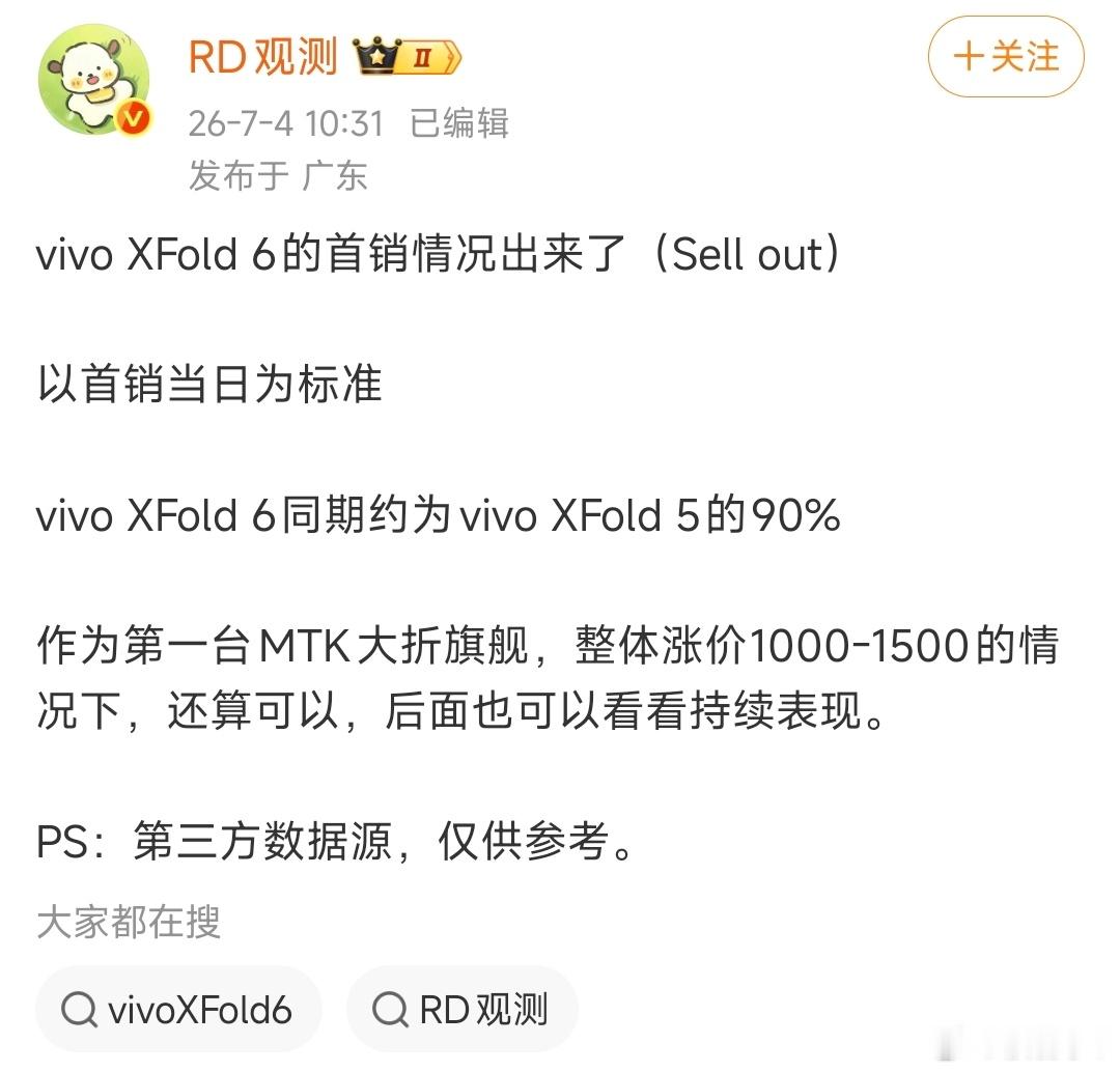 vivo XFold 6的首销出炉 有博主曝光了vivo X Fold6首销数据