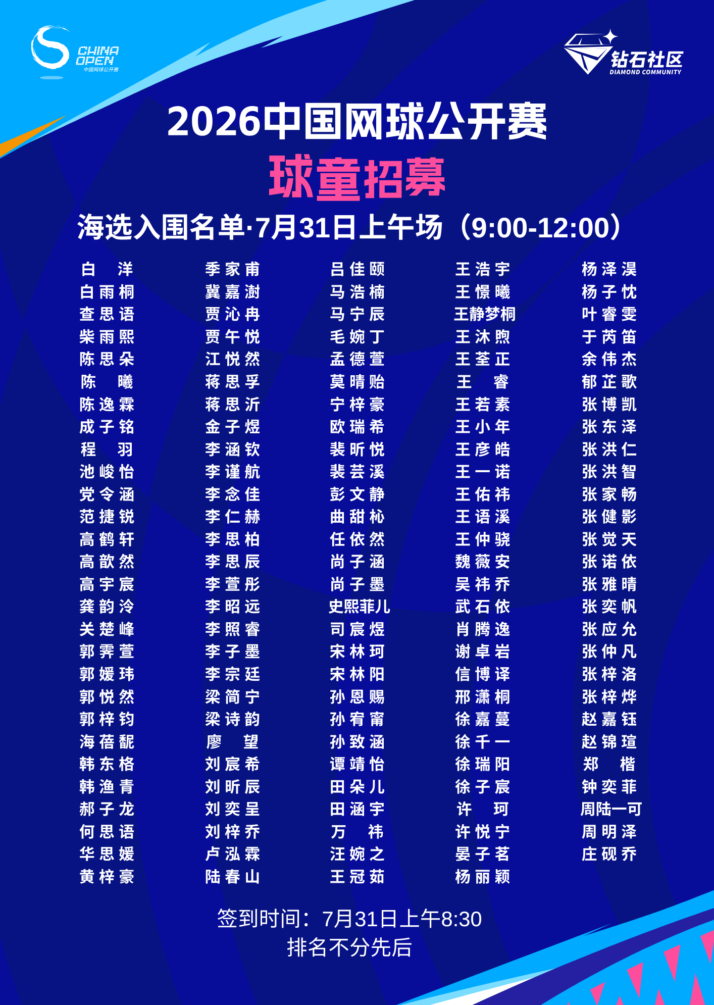 📢2026中网球童海选入围名单正式揭晓！钻石社区的小朋友们，看过来！2026中