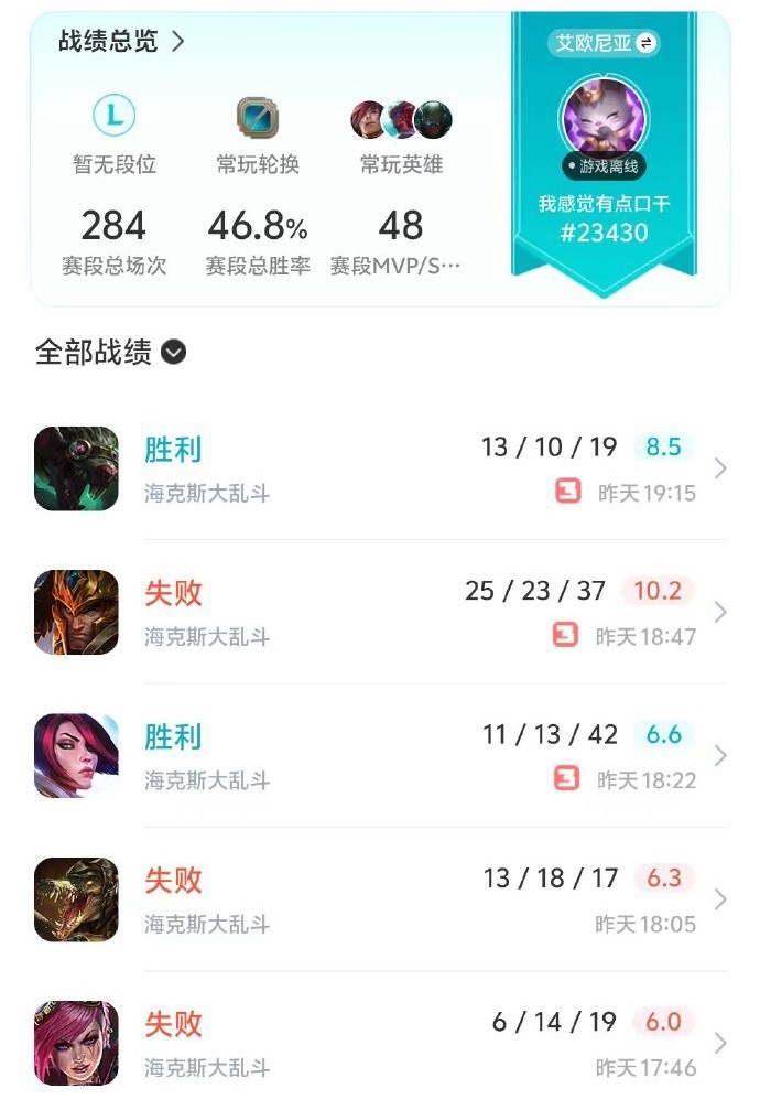 网友发现Asen昨天又在打海克斯大乱斗！连打5把！这战绩如何？asen sake