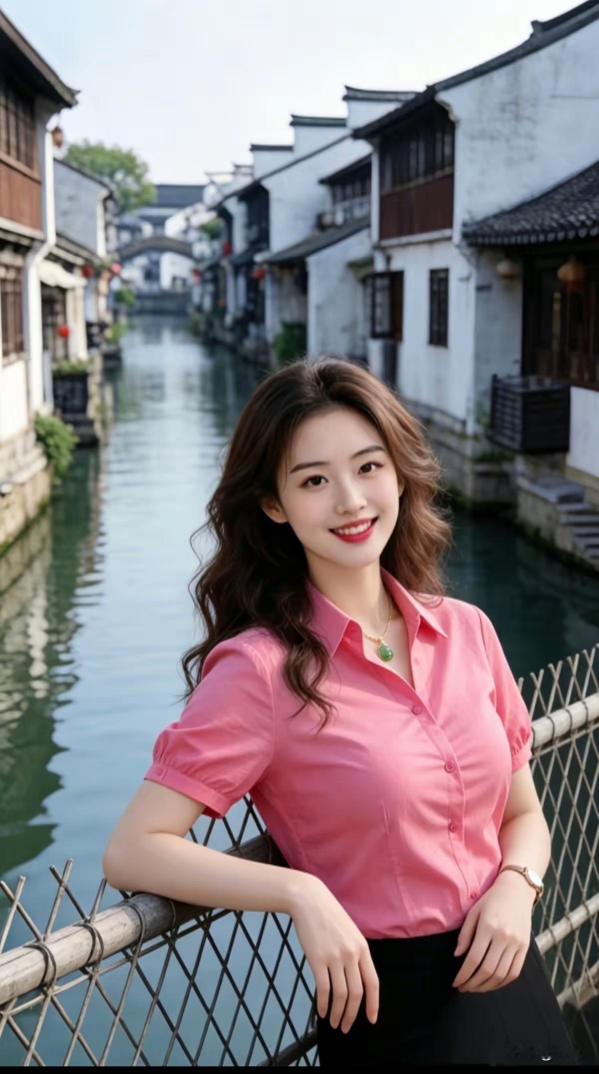 塞鸿秋·水乡晴倚
晴溪绕巷人家静，
春衫映日霞光净。
碧珰影动波相映，
柔鬟风拂