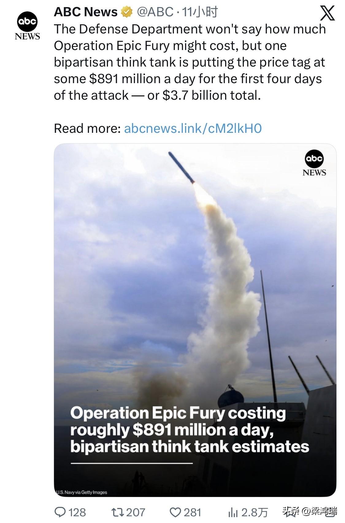 美国国防部不愿透露“史诗狂怒行动”的成本，但一个两党智库估计，袭击的前四天每天的