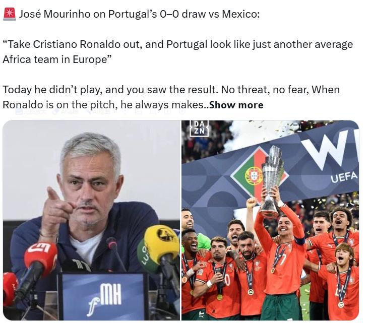 国外球迷用人工智能检测穆里尼奥评价葡萄牙队的一段话是否真实。

有球迷发了一段疑