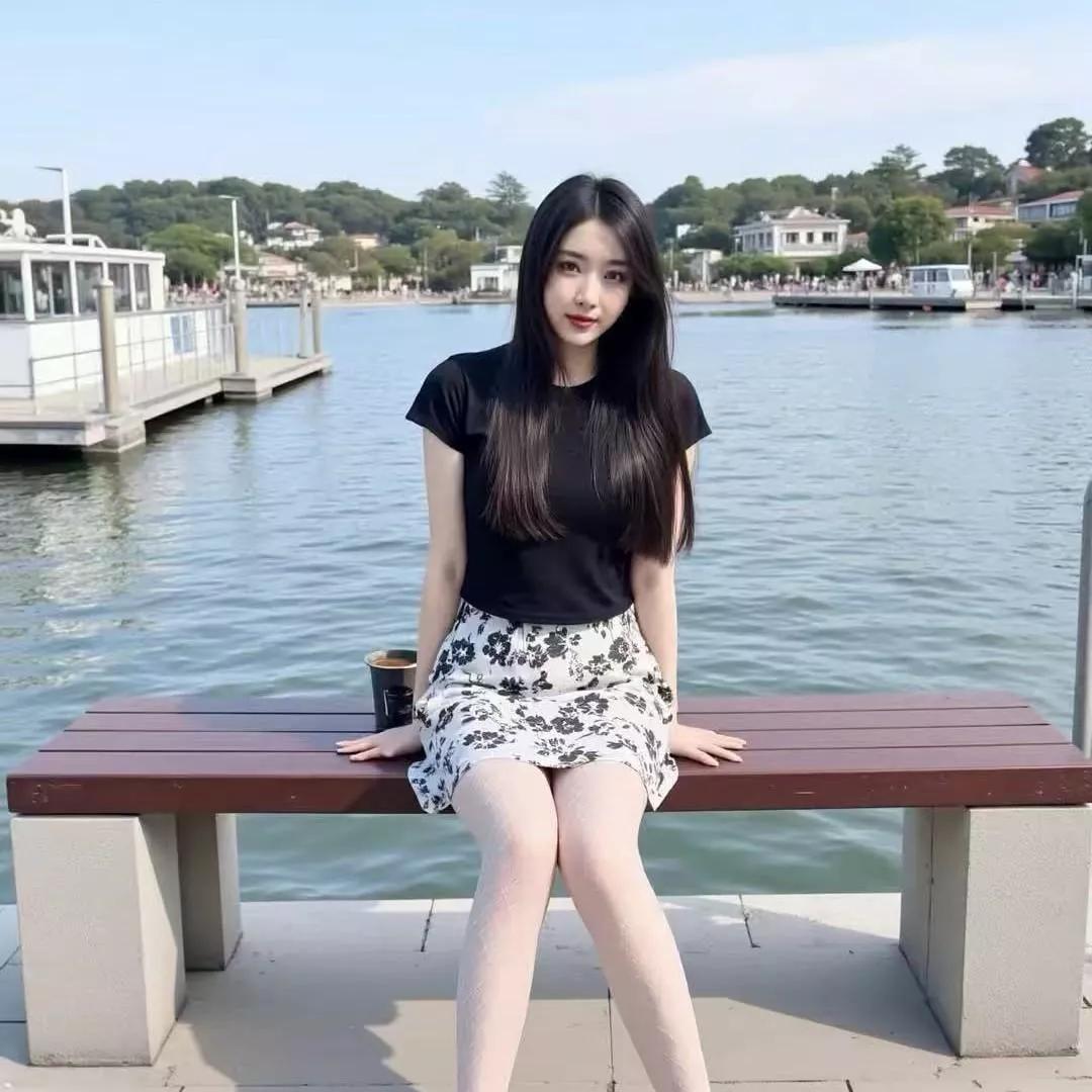 阳光明媚的湖边，少女优雅地坐在长椅上，享受着宁静时光。湖畔美人照 湖边夕阳美女 