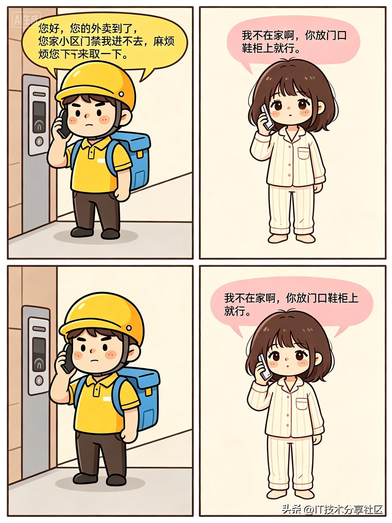 外卖小哥与顾客
 
骑手：您好，您的外卖到了，您家小区门禁我进不去，麻烦您下来取