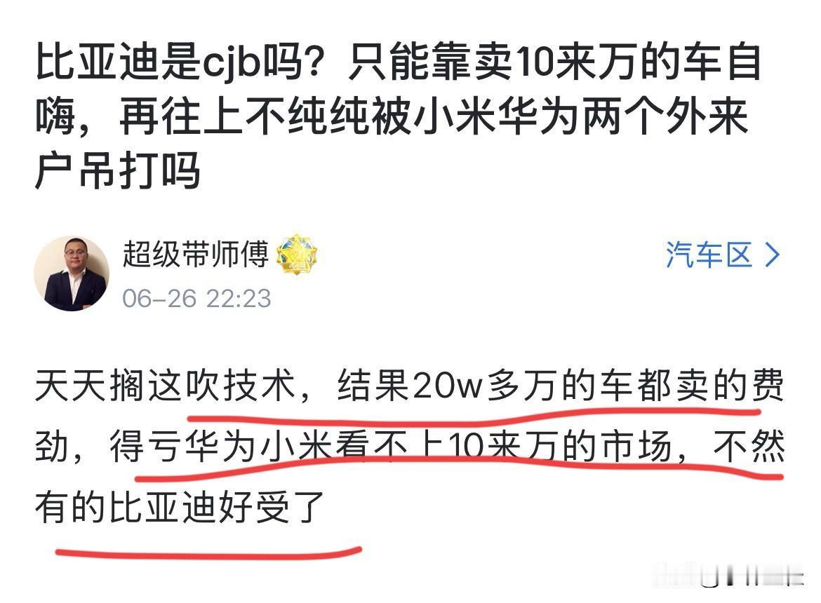 网友：“天天搁个吹技术，结果20多万的车都卖得费劲，得亏华为、小米看不上10来万