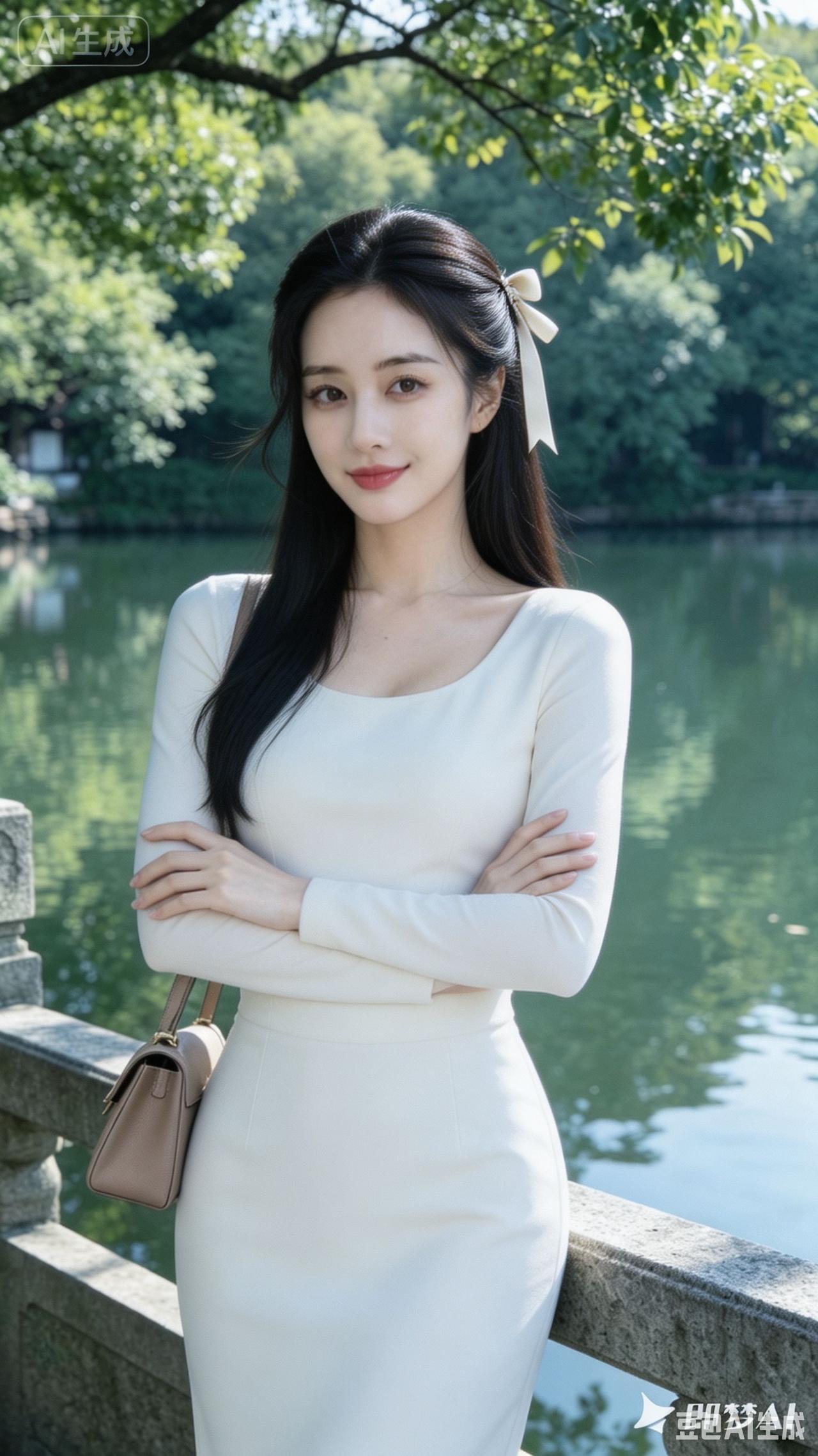 优雅白裙少女，静享湖畔时光🌿💃