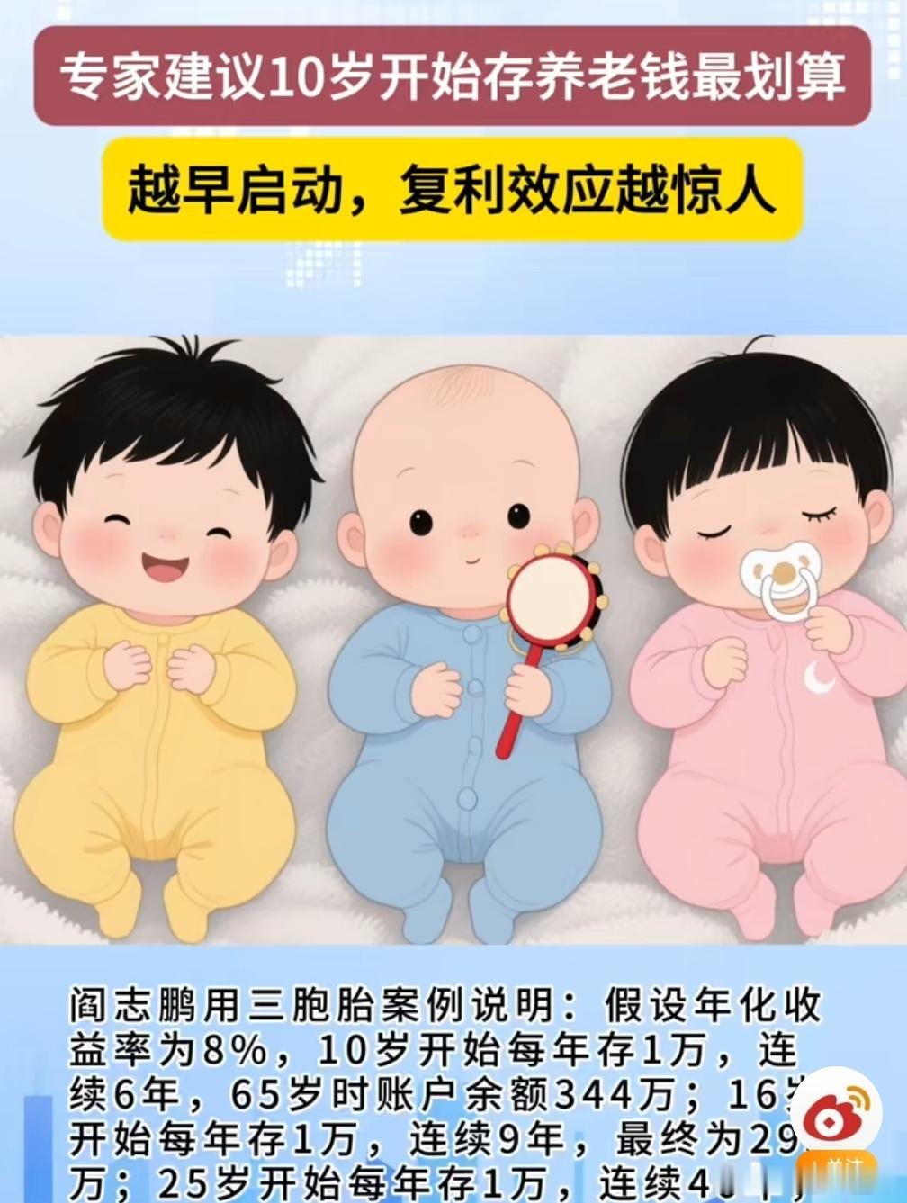 专家建议10岁开始存养老钱最划算 不用从10岁开始，出生就可以存压岁钱，用压岁钱