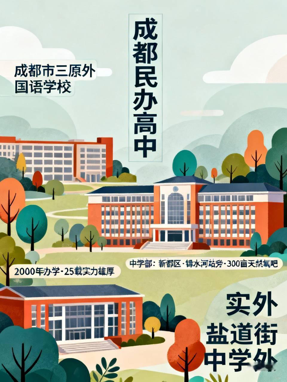 成都民办高中还挺多的。像成都市三原外国语学校，是三原集团2000年投资兴办的十二
