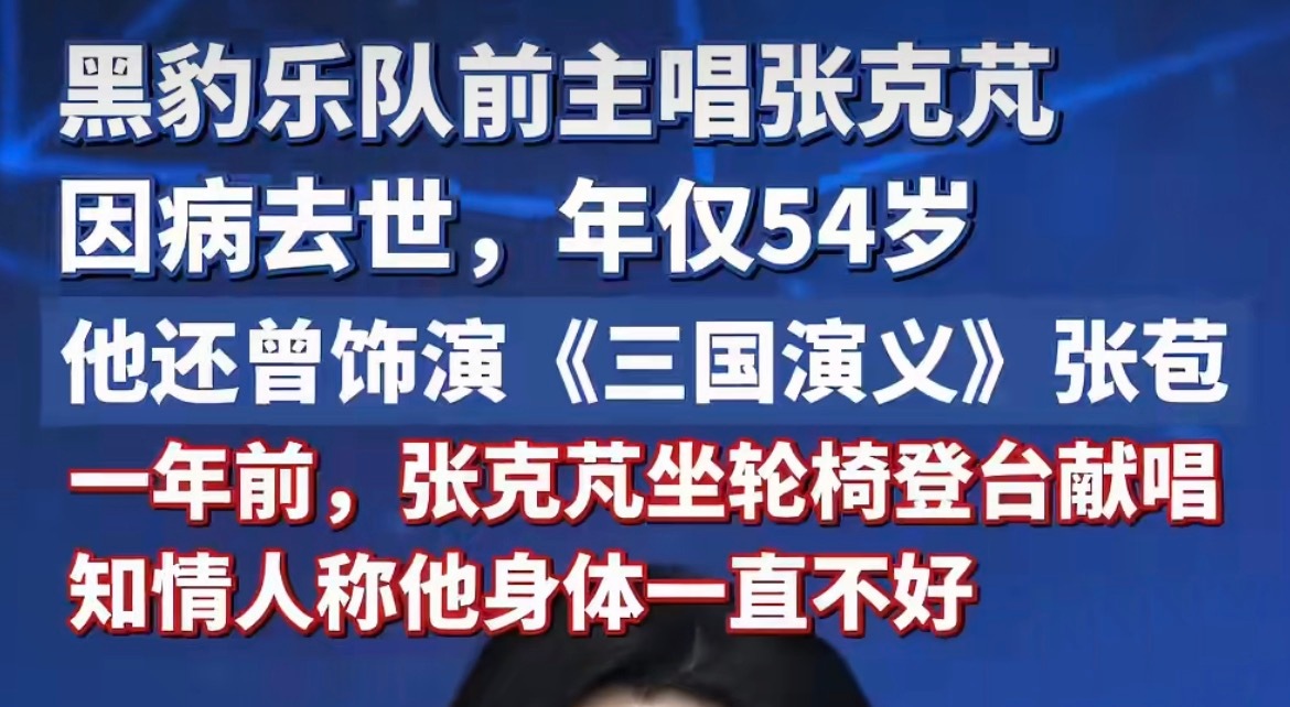 黑豹乐队前主唱张克芃去世54岁的张克芃离世，既是黑豹的一段过往，也是一代人青春里