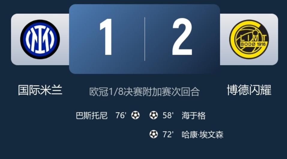 博德闪耀太牛了，欧冠附加赛次回合，博德闪耀客场2：1战胜国米，两回合总比分5：2
