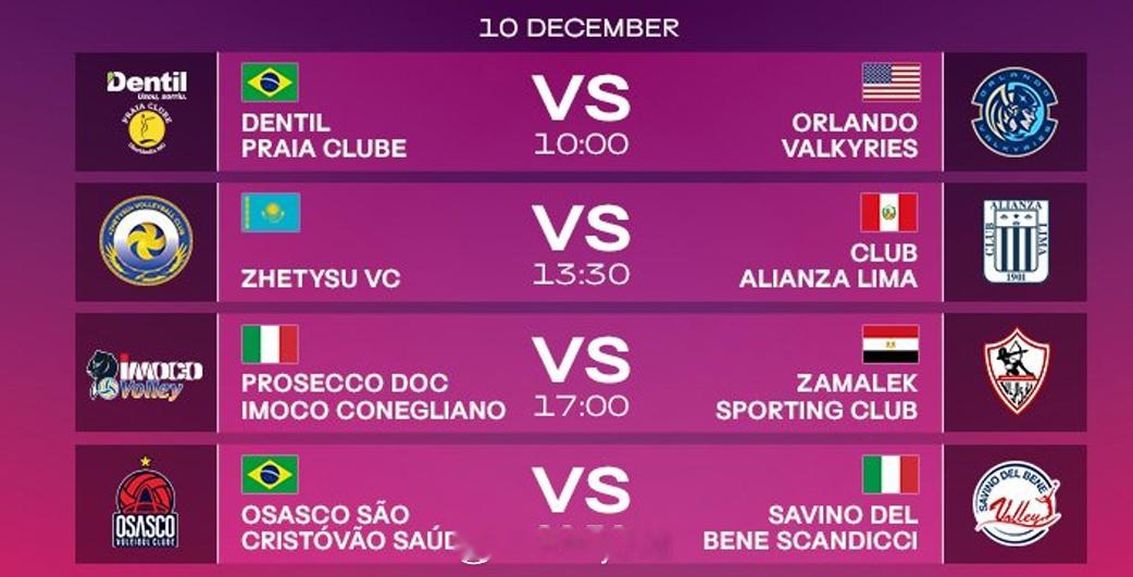 2025女排世俱杯 今日赛程安排12月10日21:00  巴西海滩 vs 美国奥