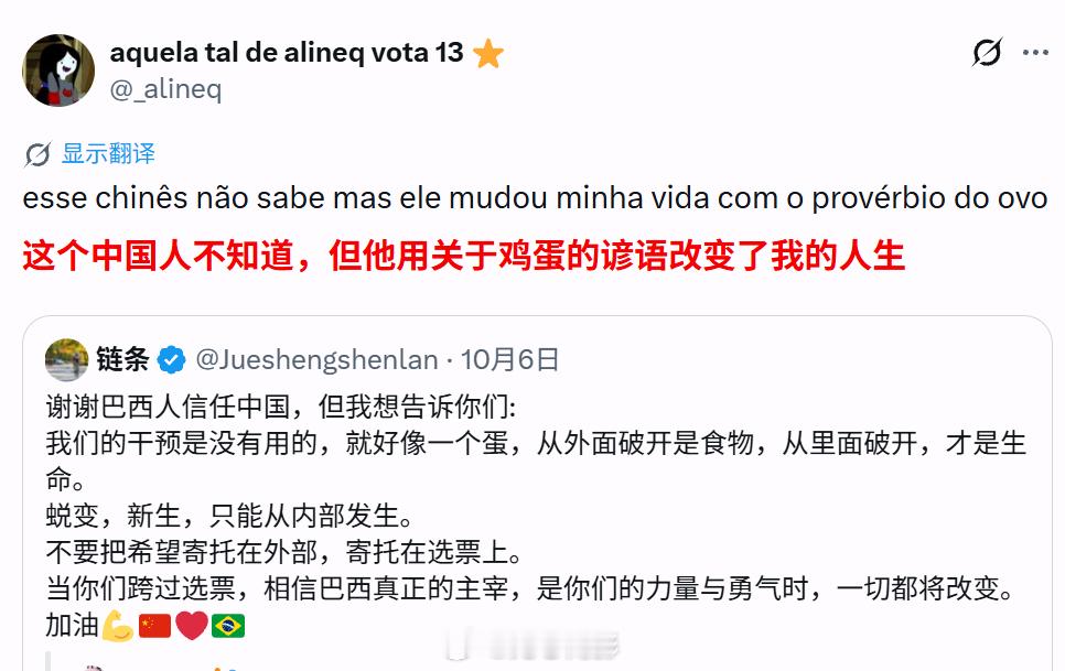 巴西左翼在卢拉胜选之后，开始回头感谢中国网友当时提出的“鸡蛋理论”了，并说当初这