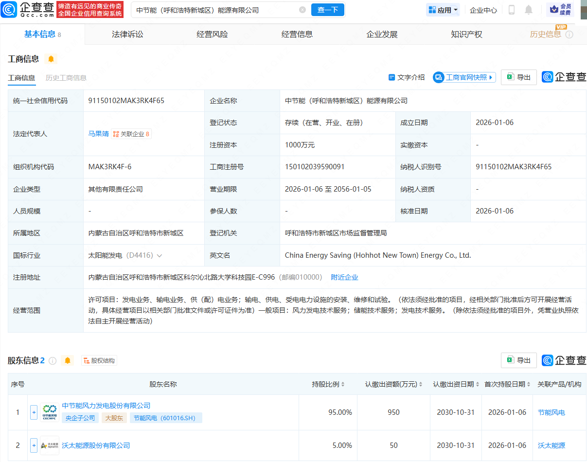节能风电等在呼和浩特成立能源公司